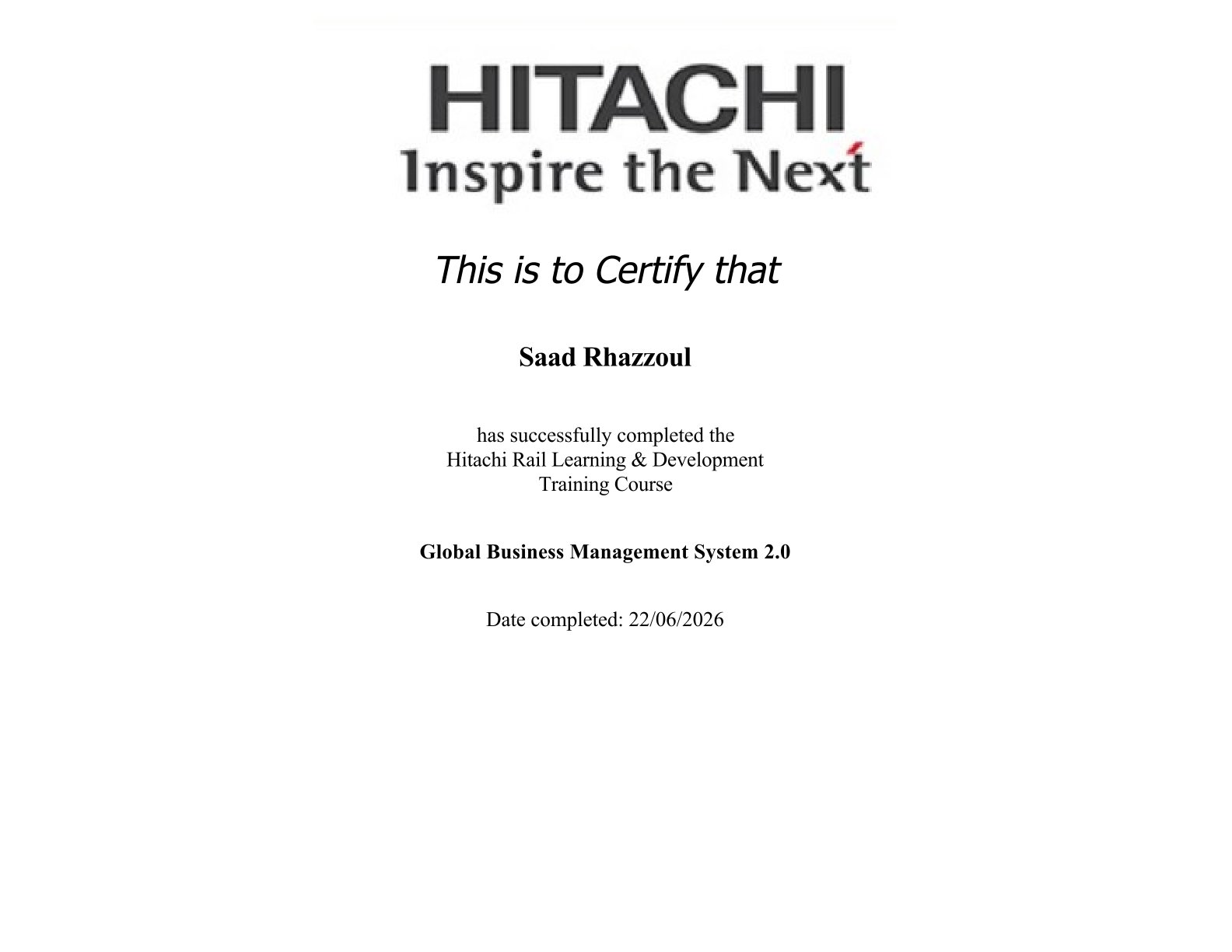 Certification Hitachi Rail — Global Business Management System 2.0