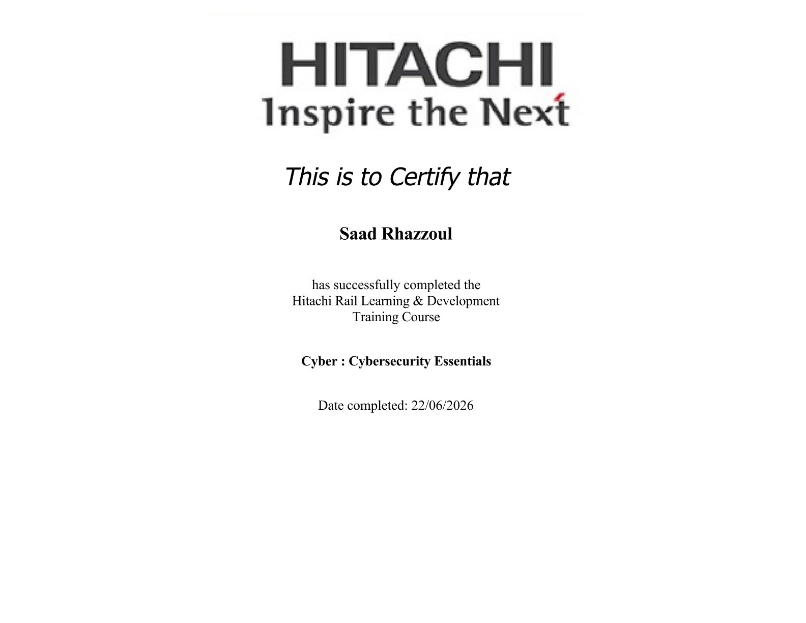 Certification Hitachi Rail — Cyber : Cybersecurity Essentials